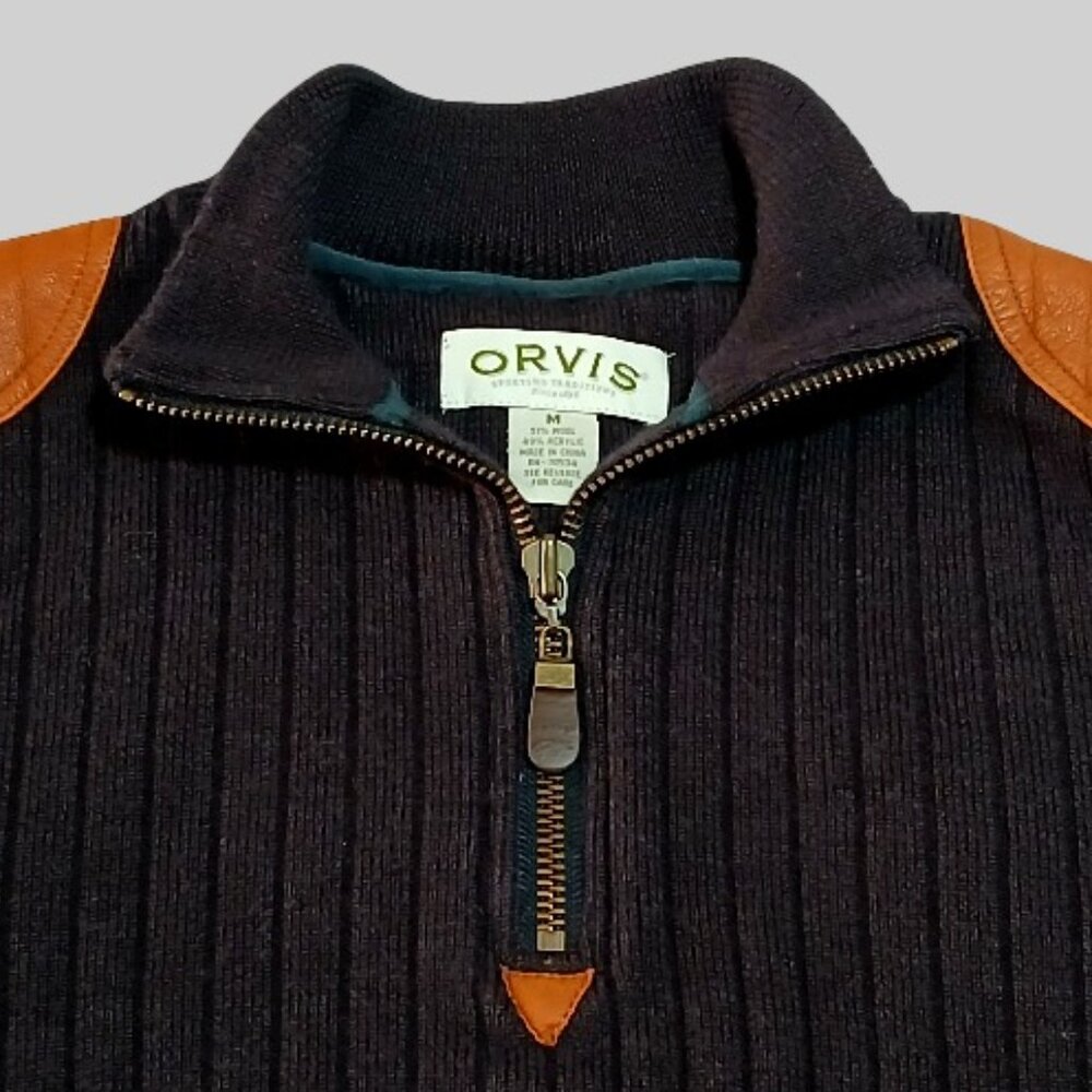 Orvis Men's Luxurious Wool Blend Brown Leather Trim Patches Sweater